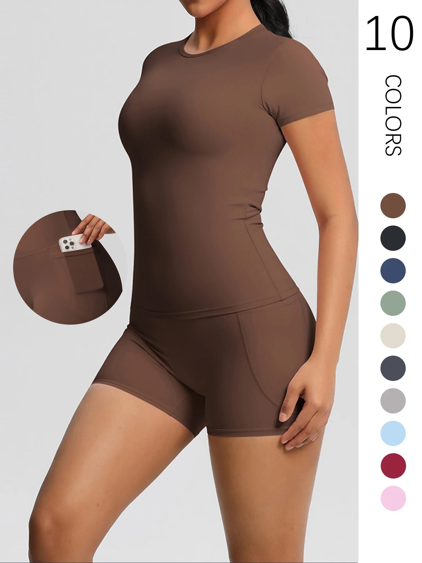 Ensemble sport femme 2 pièces – T-shirt push up et short taille haute fitness