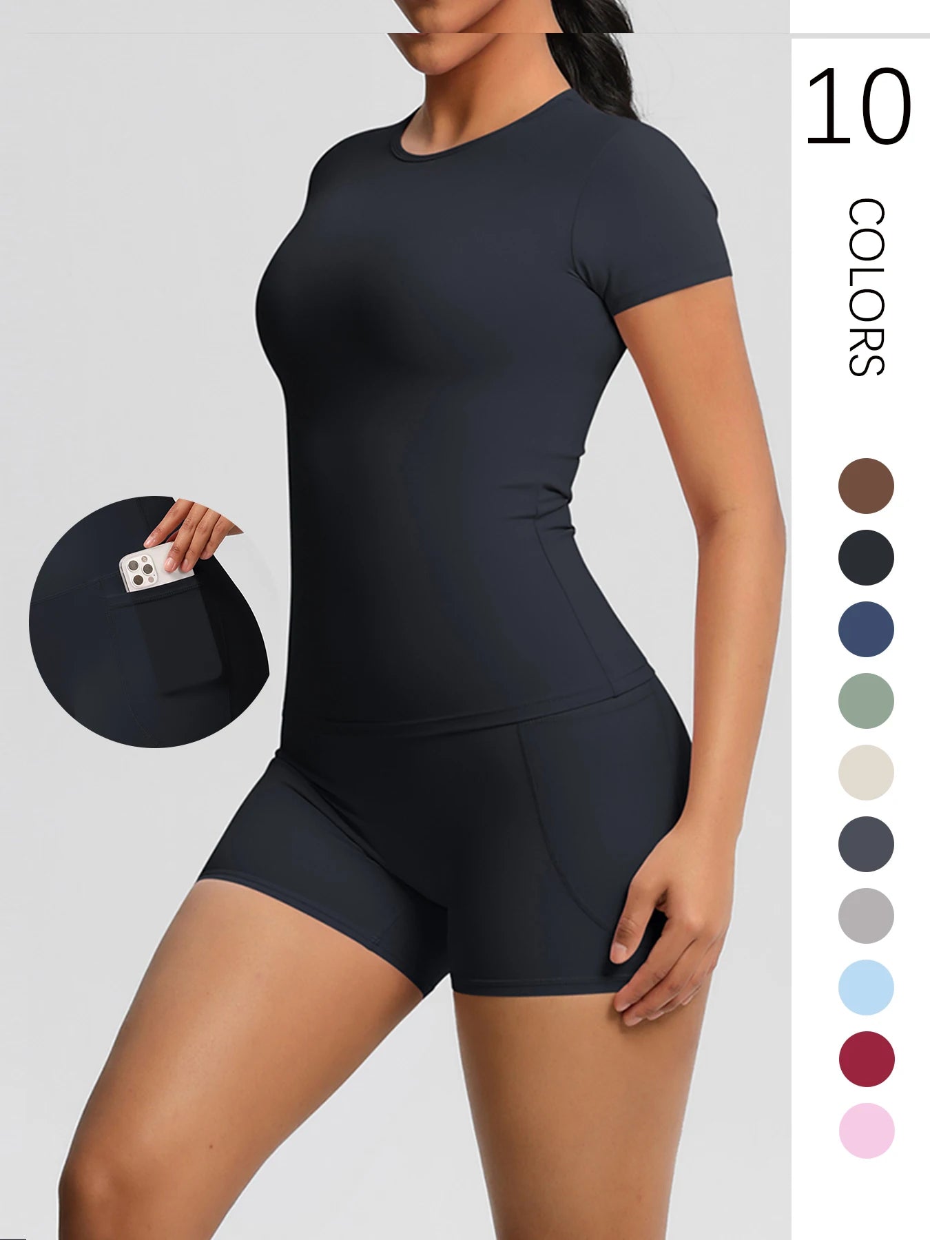 Ensemble sport femme 2 pièces – T-shirt push up et short taille haute fitness