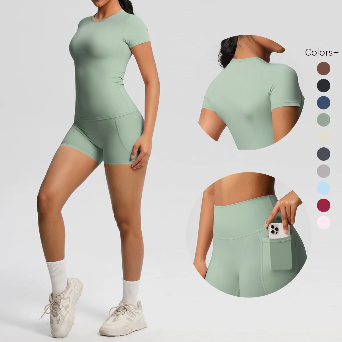 Ensemble sport femme 2 pièces – T-shirt push up et short taille haute fitness