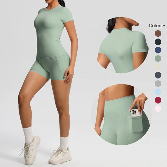 Ensemble sport femme 2 pièces – T-shirt push up et short taille haute fitness